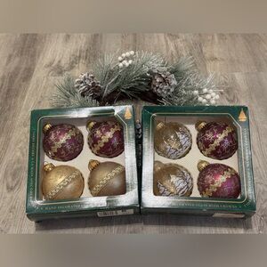 Vintage Christmas By Krebs 8 - Purple Gold Glass Ornaments W/Glitter & Ribbon